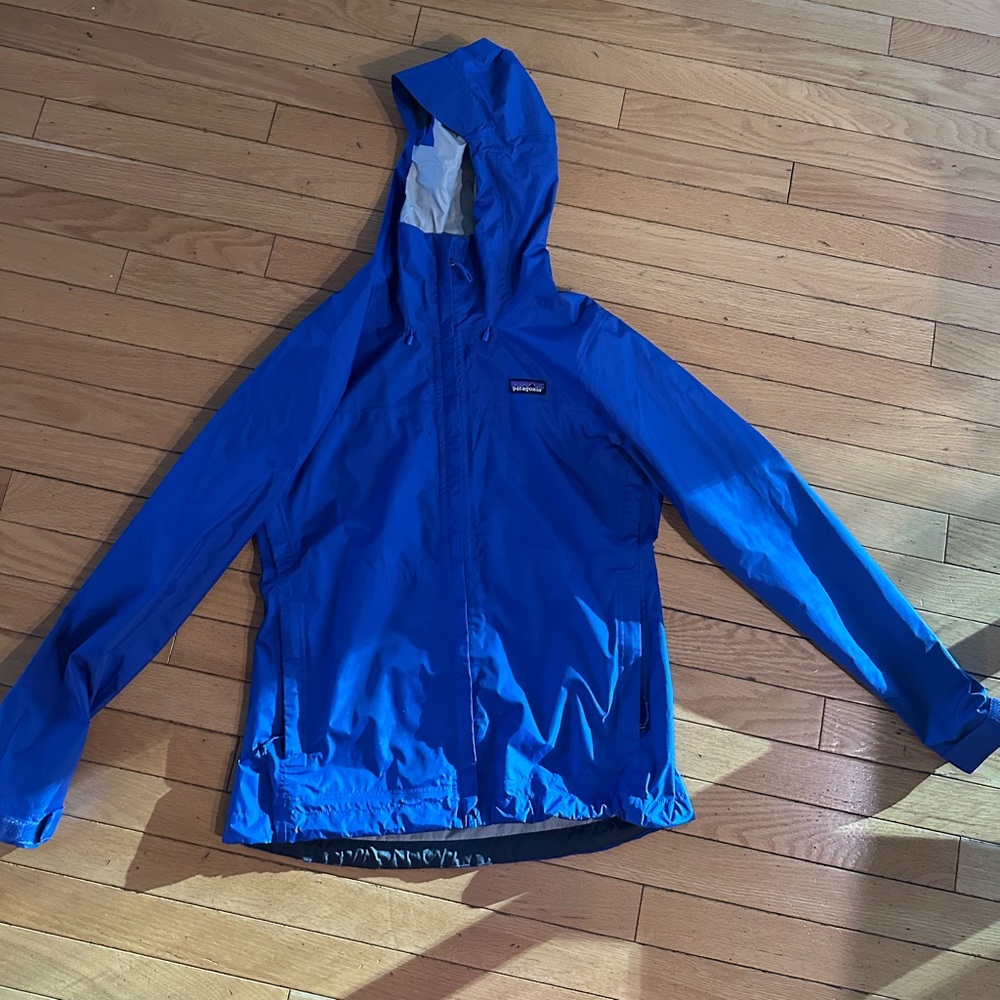 Blue Patagonia rain jacket